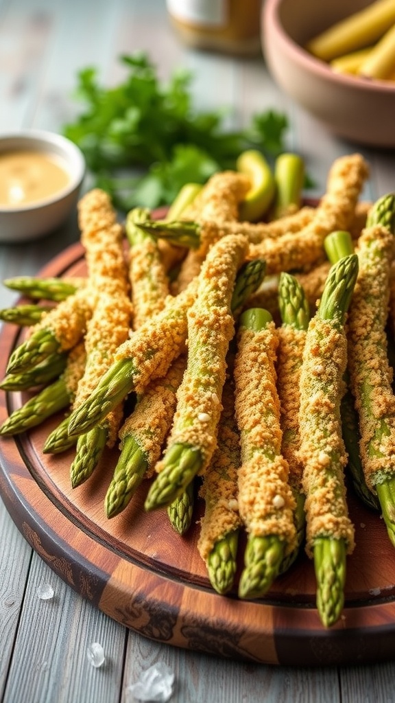 Crispy asparagus doodles on a rustic platter, garnished with herbs, ready to be served.